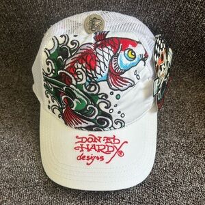Ed Hardy White Cap with Colorful Koi Art